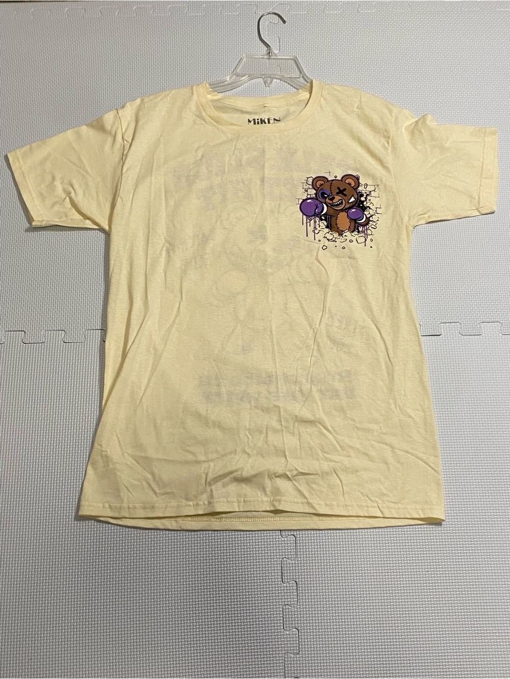 Miken Kids Yellow Cream T-Shirt with Brown Bear and Purple Balloons